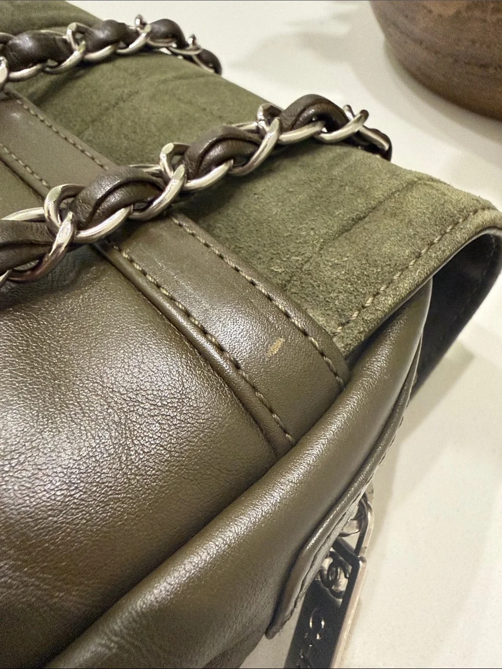 CHANEL Quilted Suede Shoulder Bag in Olive Green with Silver Hardware